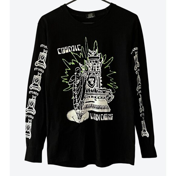 Stussy Small Long Sleeve Cosmic Wonders Graphic Shirt Black Green White - Picture 1 of 7
